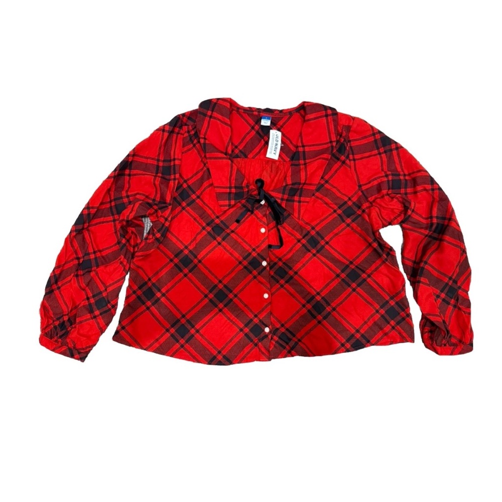 Old Navy Red and Black Plaid Button-Up Shirt with Neck Tie